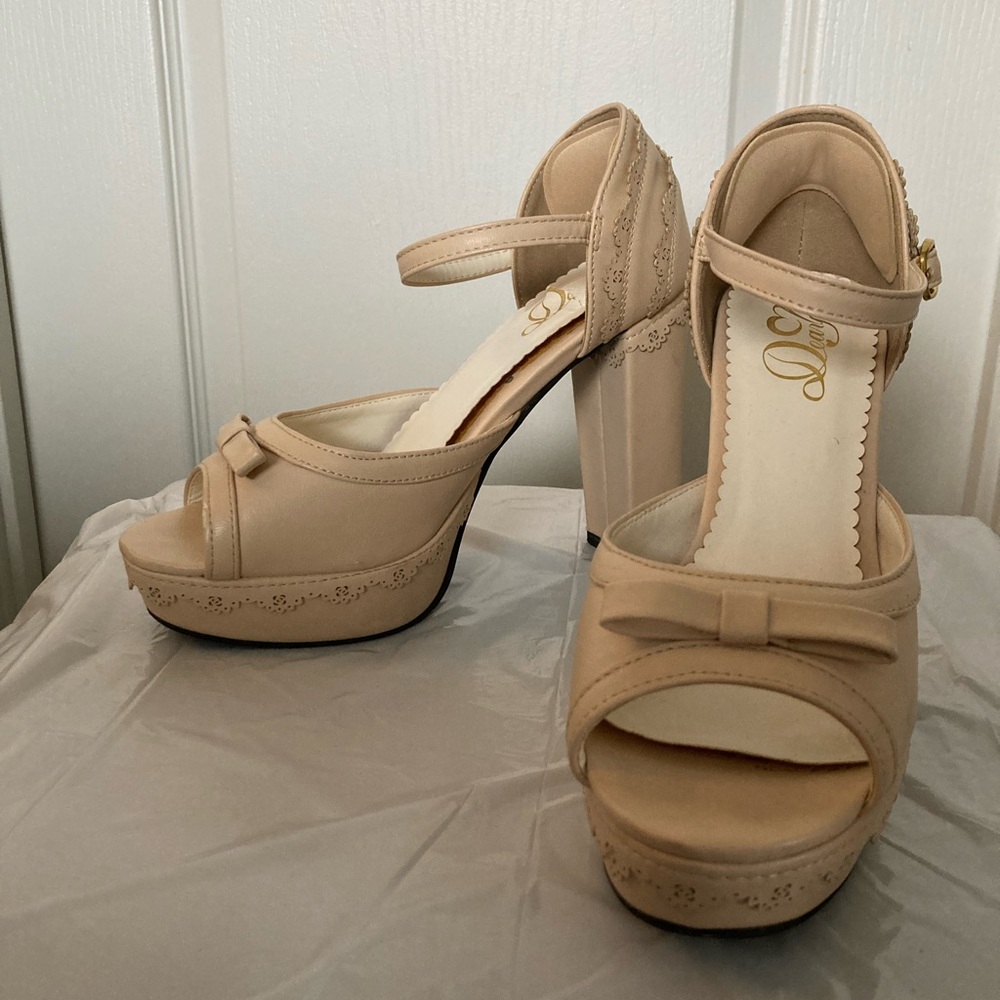 Himekaji Gyaru Platform High Heels Open Toe Nude Beige With Bow and Lace Details